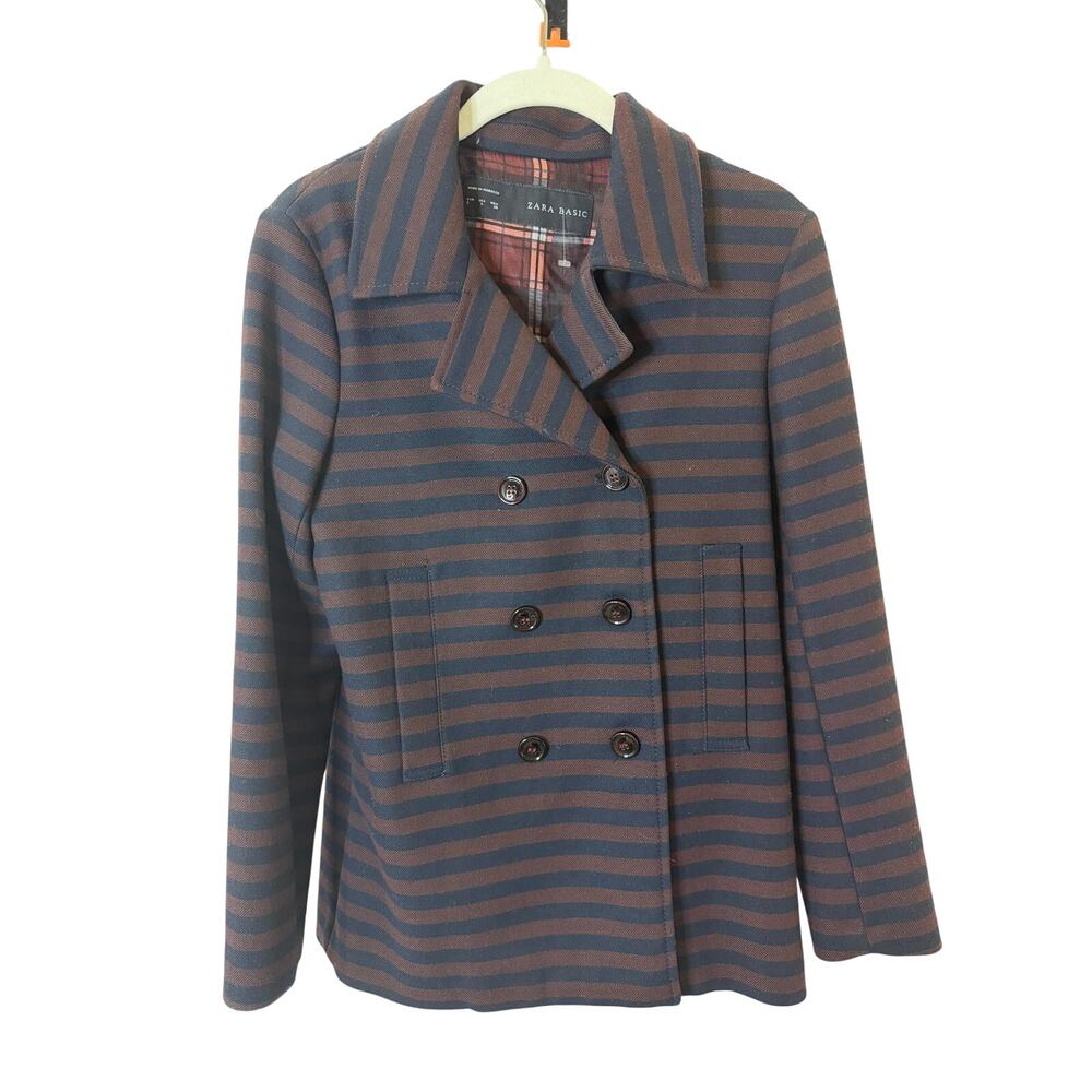 ZARA BASIC Navy/Burgundy Stripes Double Breasted Jacket Peacoat Blazer sz. S - Picture 2 of 9